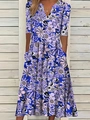 Elegant floral V-neck midi dress with half sleeves and side pockets for summer - S / Blue
