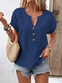 Detail of dark blue V-neck t-shirt showing fabric texture and brown wood buttons - Navy Blue