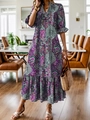 Bohemian paisley print V-neck maxi dress with ruffled sleeves and purple teal floral patterns - S / Purple