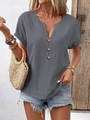 Detail of dark grey V-neck t-shirt with buttons and textured cotton linen fabric - S / Gray