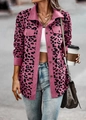 Detail of pink leopard print corduroy jacket featuring flap chest pockets and dark buttons - Rose Red