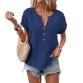Women's summer V-neck short sleeve T-shirt in dark blue with decorative wood buttons - Navy Blue