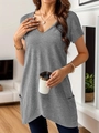 T-shirt femme à col en V avec poches latérales en gris chiné et ourlet arrondi élégant - Gris
