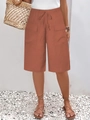 Women's terracotta high-waist casual shorts with elastic drawstring and cargo pockets - S / Orange Red