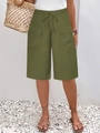 Olive green linen Bermuda shorts for women with elastic drawstring waist and flap pockets - S / Army Green