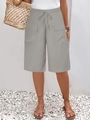 Women's grey high-waisted cargo shorts with drawstring waist and large utility pockets - S / Light Gray