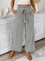 Damen Paperbag-Hose mit hoher Taille, Streifenmuster, weitem Bein und Bindegürtel - S / Schwarz