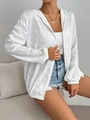 Close-up of white hooded jacket showing unique crinkle texture and metal zipper detail - S / White