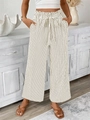 Damen-Hose mit hoher Taille, weitem Bein, Streifen und Paperbag-Bund mit Gürtel - S / Khaki