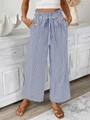 Women's blue and white striped high waist wide leg trousers with bow tie belt and pockets - Blue