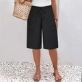 Women's black casual Bermuda shorts with elastic drawstring waist and large cargo pockets - S / Black