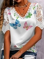 Detail of V-neckline with delicate lace trim and colorful butterfly floral print on top - Sky Blue Print