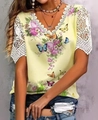 Detail of V-neck lace patchwork and pink floral butterfly print on yellow t-shirt - 3XL / Light Yellow Floral
