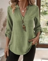 Detailed texture of moss green V-neck long sleeve shirt with pocket and roll-up sleeves - S / Matcha Green