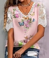 Close-up of the intricate lace hollow-out sleeves and pink floral butterfly print details - 3XL / Pink Print