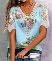Close-up of V-neckline with delicate white lace trim and floral print on light blue tee - 3XL / Light Blue Floral