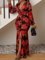 Detail of elegant red rose floral print on a long sleeve black V-neck maxi dress with high slit - 1XL / Red