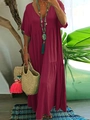 Burgundy V-neck tiered maxi dress with short sleeves for women, summer boho style - Burgundy