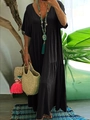 Women's black V-neck short sleeve loose maxi dress with layered bohemian style skirt - Black