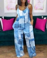 Detail view of female jumpsuit with denim patchwork print and adjustable thin straps - 1XL / Blue