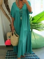 Women's turquoise V-neck bohemian maxi dress with loose short sleeves and tiered skirt - Lake Green