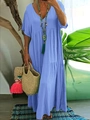 Summer blue V-neck maxi dress with flowy tiered skirt and short sleeves for vacations - Blue