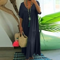 Dunkelblaues Maxi-Baumwollkleid mit V-Ausschnitt und gestuftem Rock im Boho-Stil - S / Marineblau