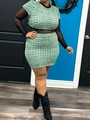 Two-piece green textured bubble fabric crop top and bodycon skirt set with mesh bodysuit - 1XL / Green
