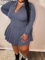 Detailed view of grey-blue ribbed V-neck plus size dress with pleated skirt design - 1XL / Grey Blue