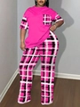 Ensemble t-shirt rose rouge à poche pour femme et pantalon large à carreaux assorti - Rose foncé