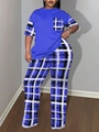Ensemble 2 pièces femme avec t-shirt bleu à poche et pantalon à carreaux style décontracté - 3XL / Bleu