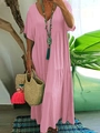 Summer pink V-neck tiered maxi dress with short sleeves for a casual bohemian look - Pink
