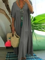 Women's gray V-neck loose maxi dress in cotton linen with short sleeves and boho style - Gray