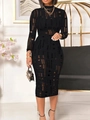 Vestido ajustado negro de manga larga en malla con calados y cuello alto - Negro / 1XL