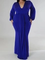 Dettaglio vestito lungo blu reale elegante con scollo a V e vita drappeggiata - 1XL / Blu