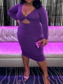 Detail van paarse bodycon-jurk met lange mouwen, taille-uitsparing en knoopdetail - 1XL / Paars