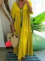 Women's summer loose V-neck tiered maxi dress in bright yellow color and cotton fabric - Yellow
