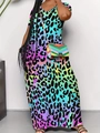 Fashionable colorful leopard print maxi dress with V-neck and pockets for women - Rainbow Leopard Print