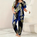 Detailansicht des zweiteiligen Damen-Freizeitsets mit blauen und Leoparden-Geometriemustern - 1XL / Blau