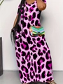 Women's pink leopard print V-neck maxi dress with sleeveless design and slim fit cut - 1XL / Pink Leopard