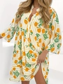 Damen V-Ausschnitt Kleid mit Blumenmuster, gelben Streifen und Rüschenärmeln im Studio - 0XL / Regenbogen