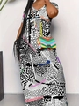 Women's V-neck maxi dress with abstract colorful print and short sleeves in a loose fit - 1XL / Abstract Geometric