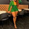 Slim fit long sleeve green jumpsuit with deep V-neck zipper and stretchy fabric - 1XL / Green