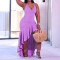 Elegante vestido halter morado con dobladillo asimétrico, volantes y lazo en cintura - 3XL / Violeta Claro