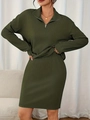 Dames tweedelige olijfgroene geribde gebreide set met ritskraag en kokerrok setje - 1XL / Donkergroen