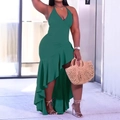 Vestido verde oscuro de cuello halter con escote en V y dobladillo asimétrico - 3XL / Cian oscuro