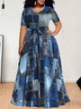 Modisches Maxikleid mit Patchwork-Jeansdruck, kurzen Ärmeln und Taillengürtel - 1XL / Patchwork-Denim-Druck