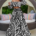 Women's off-the-shoulder crop top and maxi skirt set with black and white geometric print - Mixed Colors
