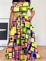 Modisches Plus-Size-Kleid mit geometrischem Druck, kurzen Ärmeln und Taillengürtel - 1XL / Geometrischer Quadrat-Druck