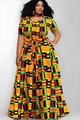 Detail of plus size maxi dress featuring vibrant Kente print and waist tie design - Ethnic Geometric Print